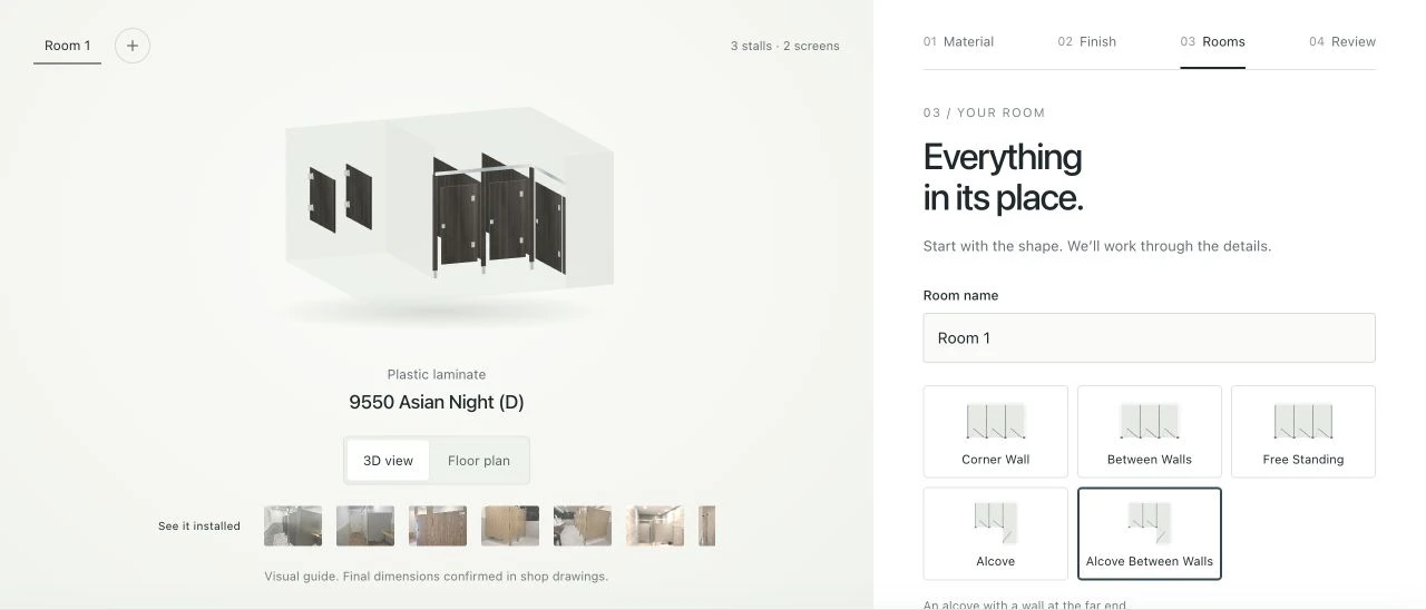 Partition Pros configurator with a 3D partition preview and room layout options